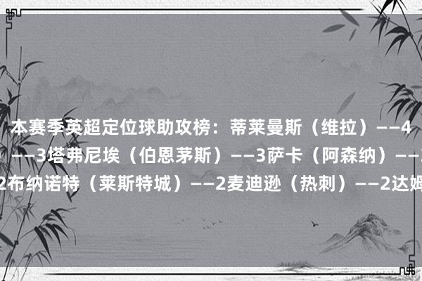 　　本赛季英超定位球助攻榜：　　蒂莱曼斯（维拉）——4　　安德森（诺丁汉丛林）——3　　塔弗尼埃（伯恩茅斯）——3　　萨卡（阿森纳）——3　　迪亚洛（曼联）——2　　布纳诺特（莱斯特城）——2　　麦迪逊（热刺）——2　　达姆斯高（布伦特福德）——2　　赖斯（阿森纳）——2　　麦克尼尔（埃弗顿）——2体育最新信息