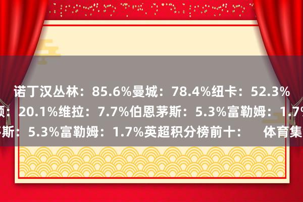 诺丁汉丛林：85.6%曼城：78.4%纽卡：52.3%切尔西：48.4%布莱顿：20.1%维拉：7.7%伯恩茅斯：5.3%富勒姆：1.7%英超积分榜前十：    体育集锦